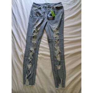 Indigo Rein Jeans Blue Skinny Zip Fly Distressed Ankle Raw Hem Stretch 90s Sz 27
